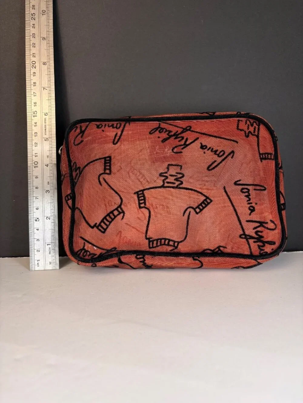 Sonia Rykiel Paris Orange Mesh Cosmetic Bag Makeup Pouch Script Sweater Print